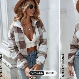SHEIN Essnce Plaid Drop Shoulder Zipper Flannel Sherpa Fleece Soft Crop Jacket L